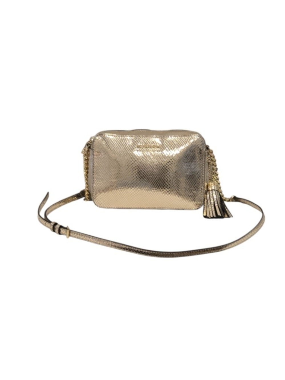 Michael Kors Metallic Rose Gold Snake-Embossed Crossbody Bag with Tassel